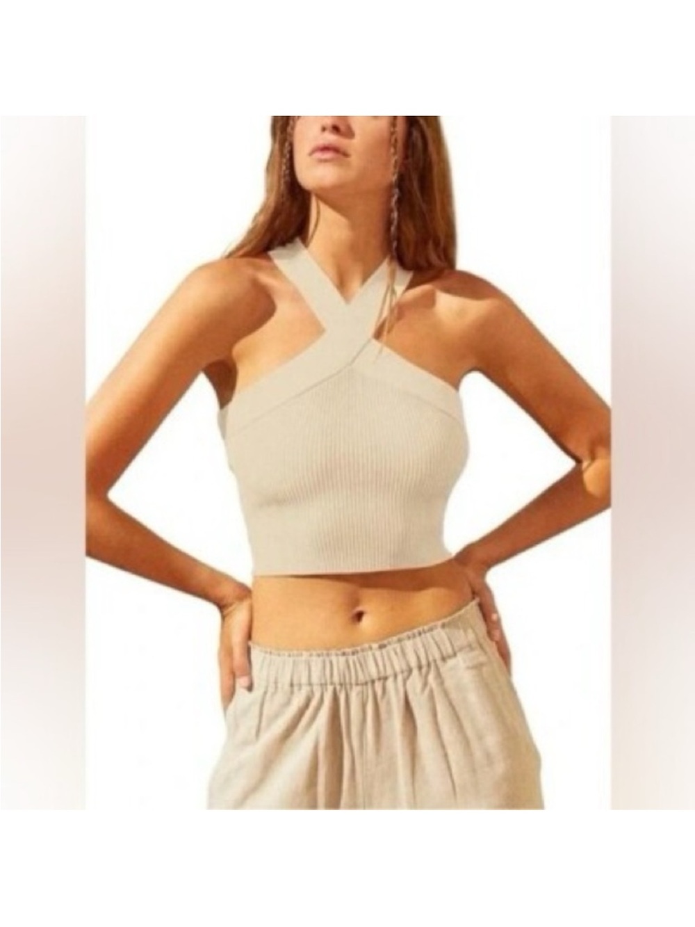 NWOT House of Harlow 1960 Ribbed Criss Cross Halter Top, tan beige neutral